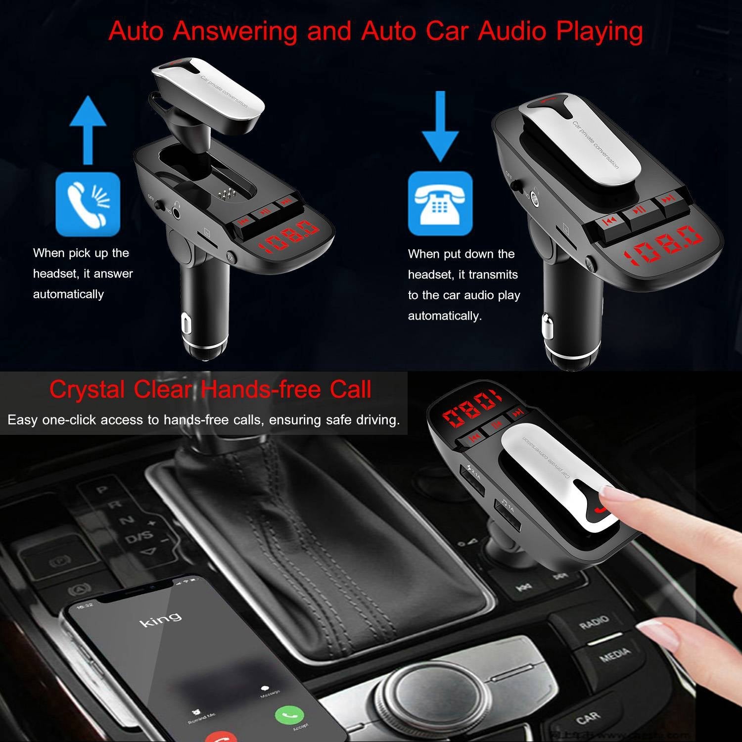 Car FM Transmitter with Wireless Earpiece 2 USB Charge Ports Automotive - DailySale