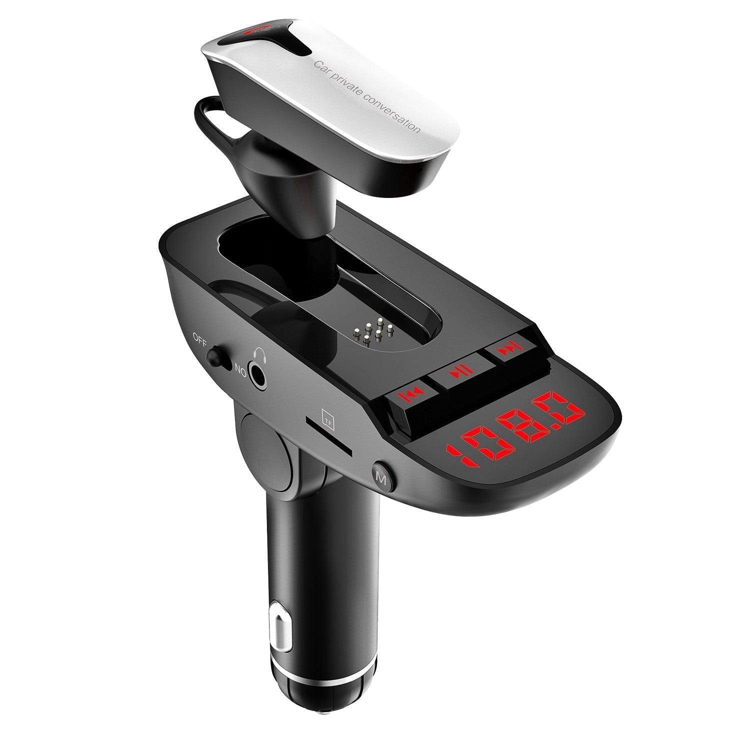 Car FM Transmitter with Wireless Earpiece 2 USB Charge Ports Automotive - DailySale