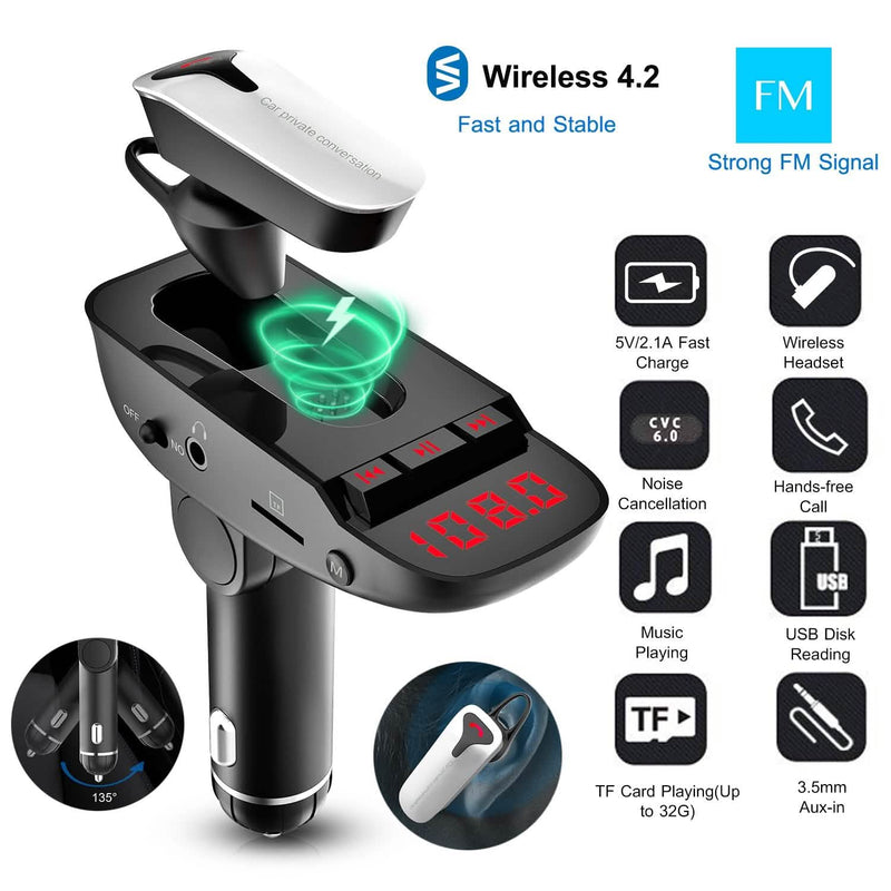 Car FM Transmitter with Wireless Earpiece 2 USB Charge Ports Automotive - DailySale