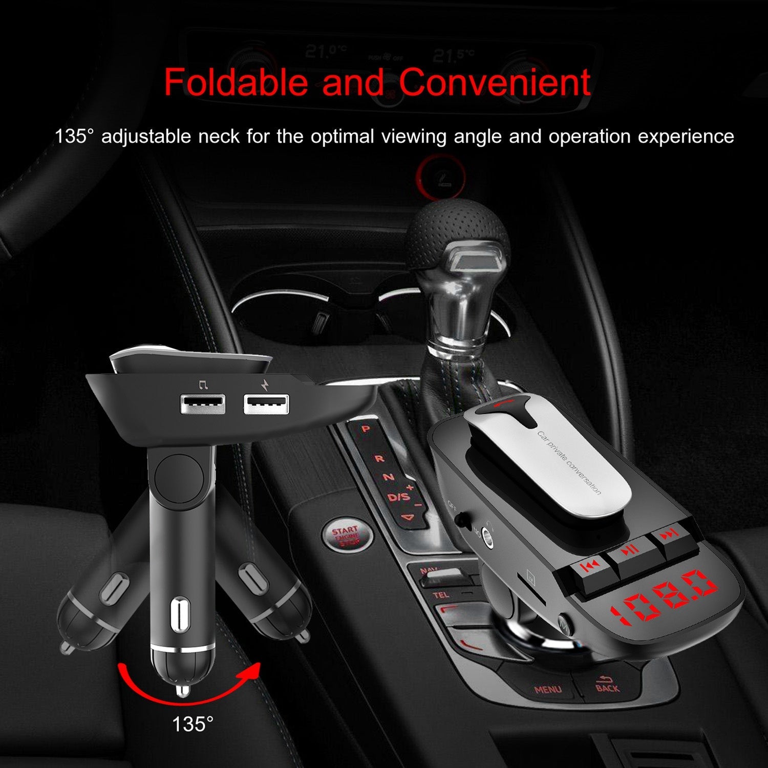 Car FM Transmitter with Wireless Earpiece 2 USB Charge Ports Automotive - DailySale