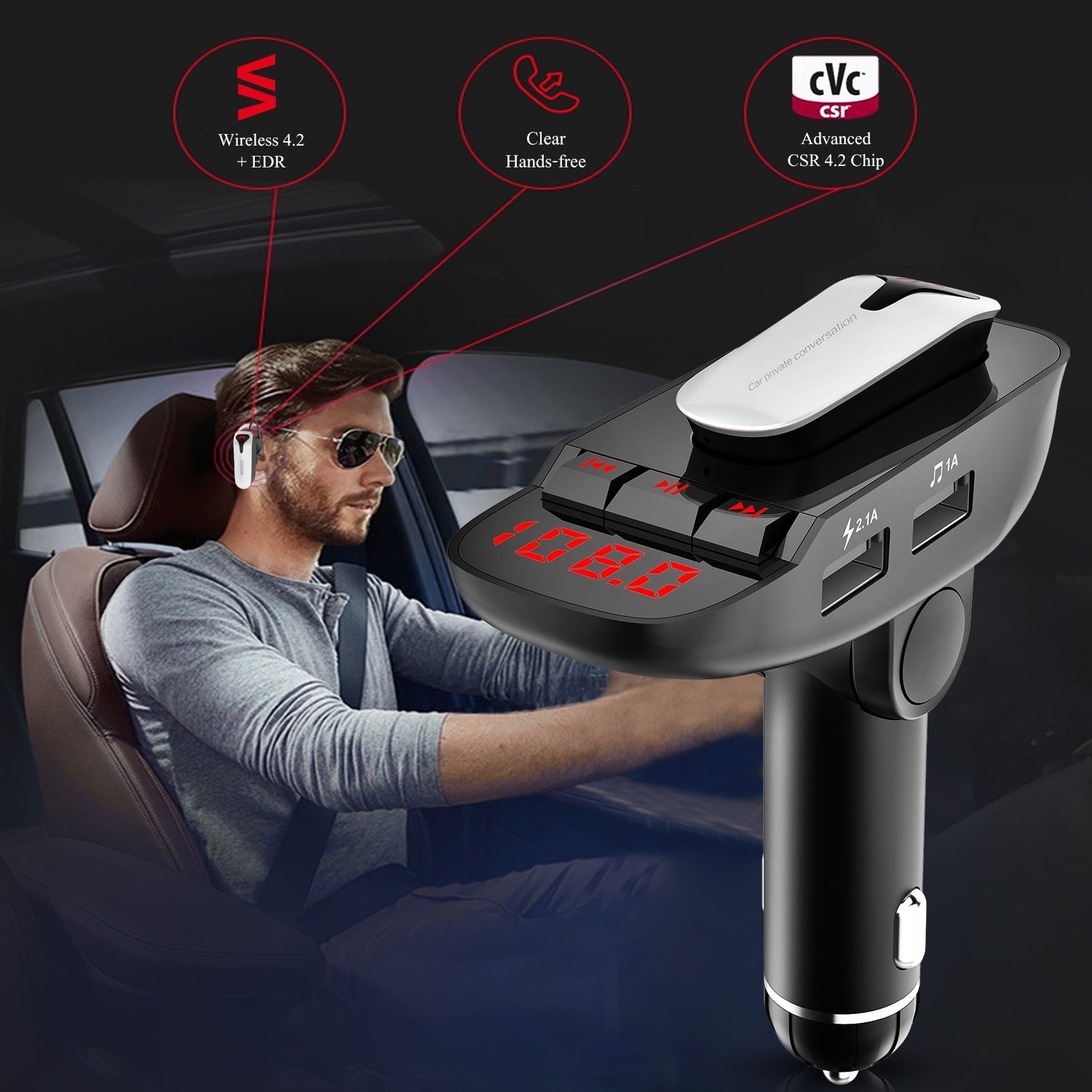 Car FM Transmitter with Wireless Earpiece 2 USB Charge Ports Automotive - DailySale