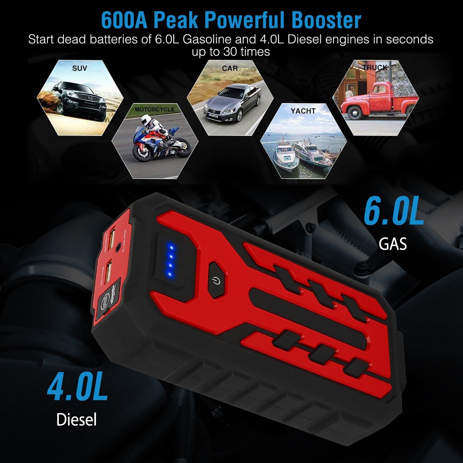 Car Jump Starter Booster with 4 Modes LED Flashlight Automotive - DailySale