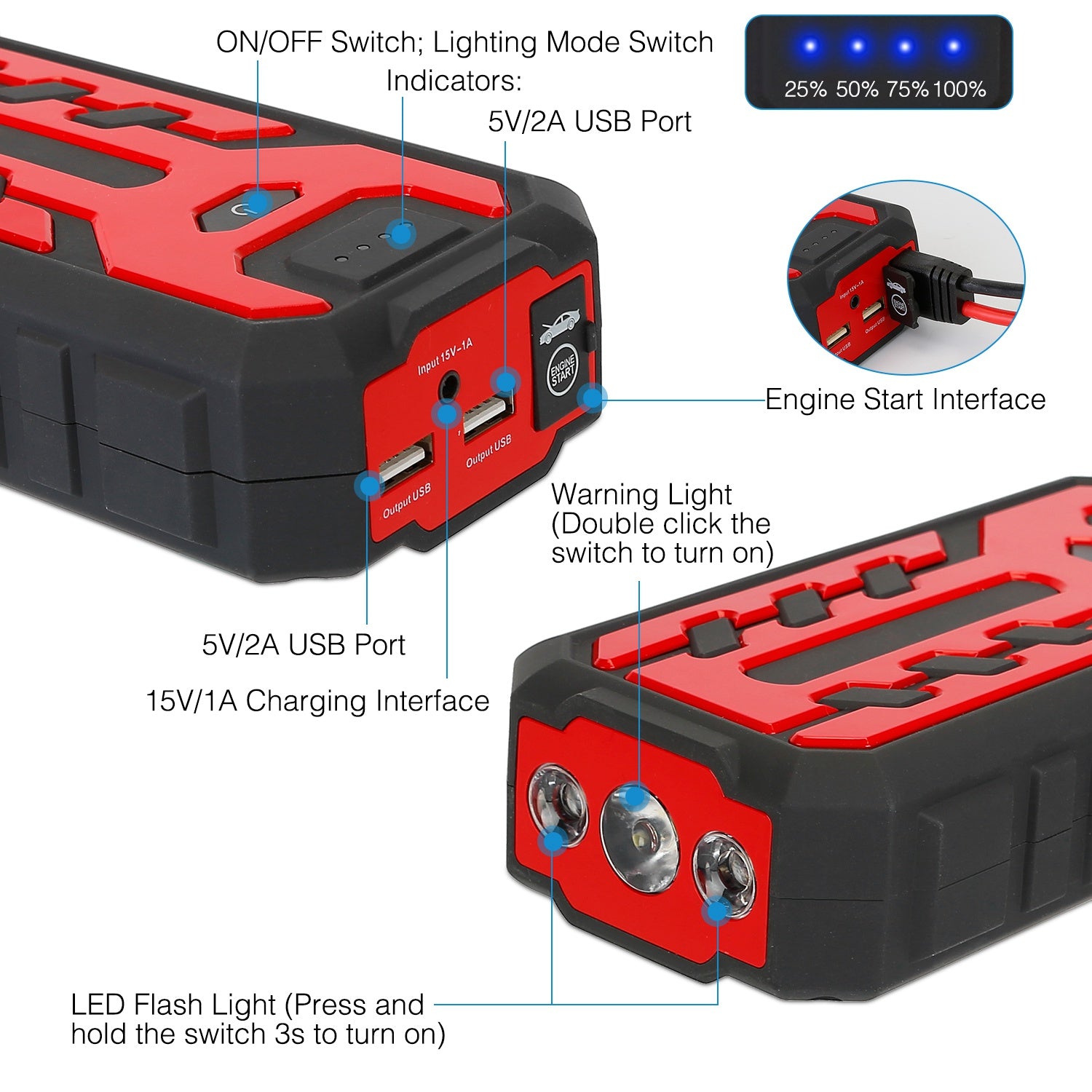 Car Jump Starter Booster with 4 Modes LED Flashlight Automotive - DailySale