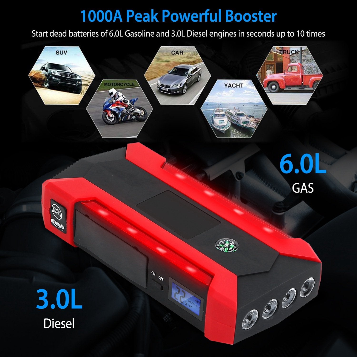 Car Jump Starter Booster with LCD Screen 4 Modes LED Flashlight Automotive - DailySale