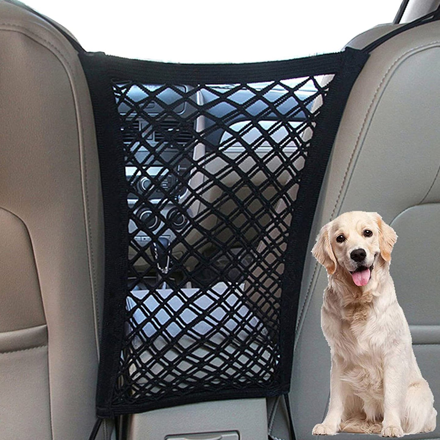 Car Pet Barrier Mesh Organizer shown installed in a car