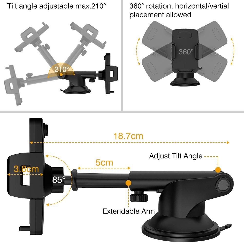 Car Phone Mount, VUP Windshield Phone Holder Car Mount features and measurements