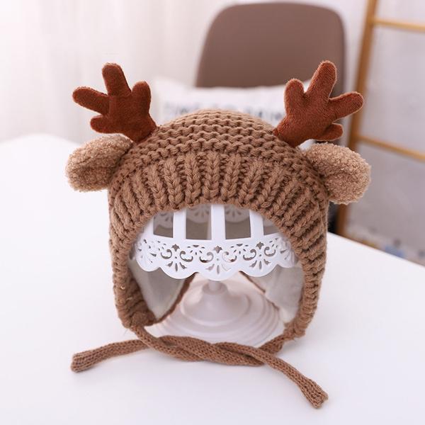 Cartoon Elk Baby Hat Winter Christmas Knitted Holiday Decor & Apparel Coffee - DailySale