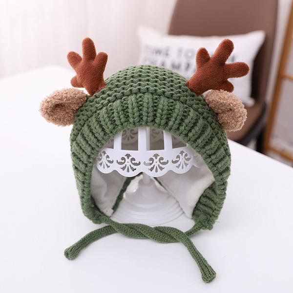 Cartoon Elk Baby Hat Winter Christmas Knitted Holiday Decor & Apparel Green - DailySale