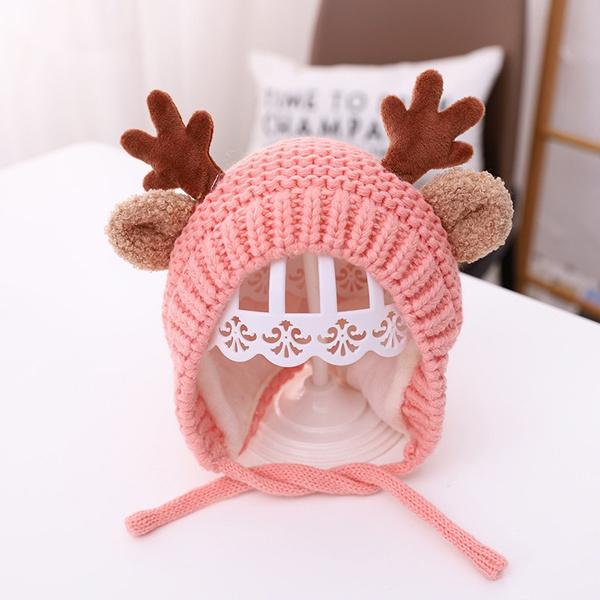 Cartoon Elk Baby Hat Winter Christmas Knitted Holiday Decor & Apparel Pink - DailySale