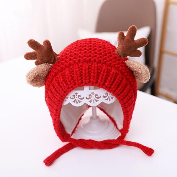 Cartoon Elk Baby Hat Winter Christmas Knitted Holiday Decor & Apparel Red - DailySale
