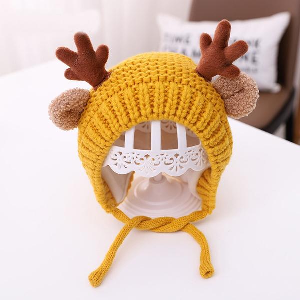 Cartoon Elk Baby Hat Winter Christmas Knitted Holiday Decor & Apparel Yellow - DailySale