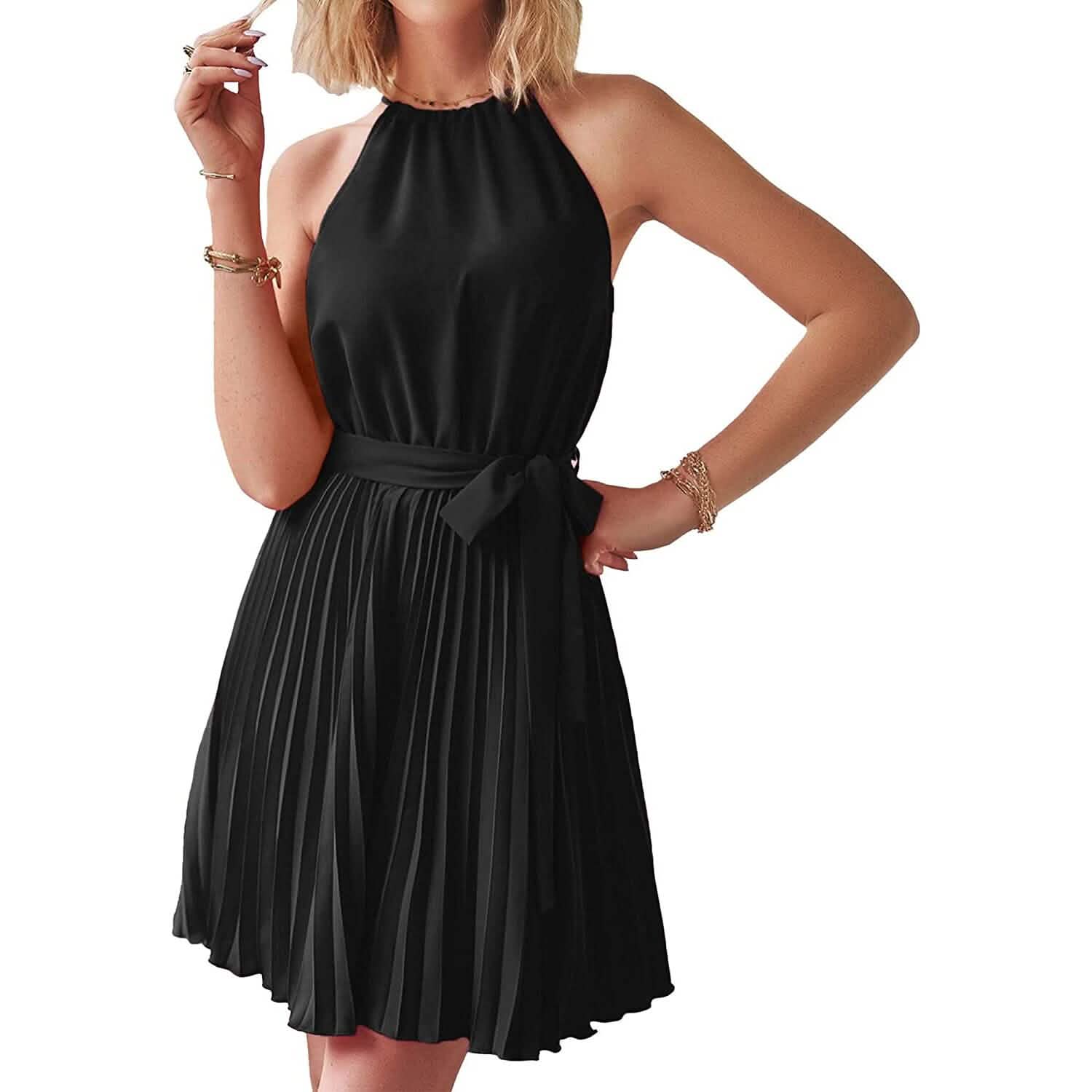 Casual Halter Neck A-Line Dress Sleeveless Belted Swing Pleated Cockta Casual Halter Neck A-Line Dress Sleeveless Belted Swing Pleated Cockta