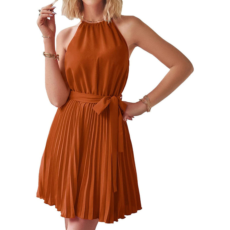 Casual Halter Neck A-Line Dress Sleeveless Belted Swing Pleated Cocktail Party Beach Mini Dresses Women's Dresses Brown S - DailySale