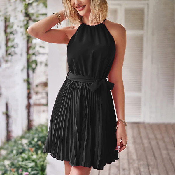 Casual Halter Neck A-Line Dress Sleeveless Belted Swing Pleated Cocktail Party Beach Mini Dresses Women's Dresses - DailySale