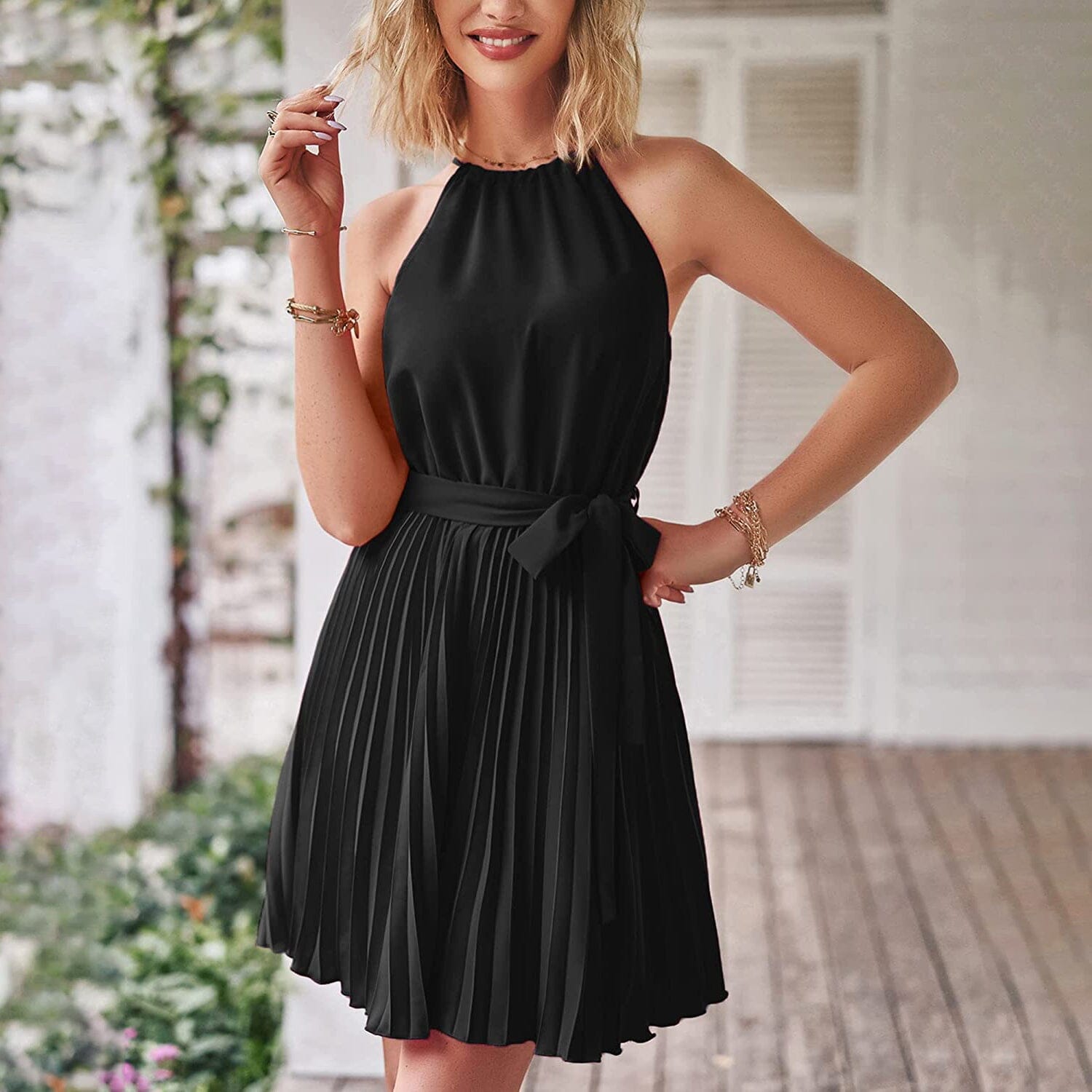 Casual Halter Neck A-Line Dress Sleeveless Belted Swing Pleated Cocktail Party Beach Mini Dresses Women's Dresses - DailySale