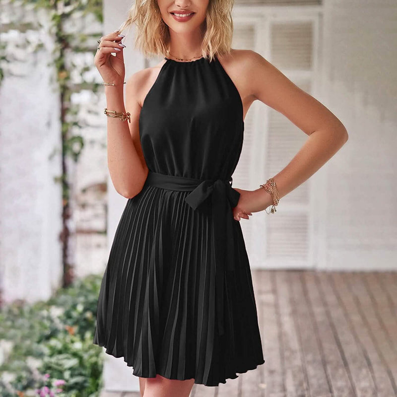 Casual Halter Neck A-Line Dress Sleeveless Belted Swing