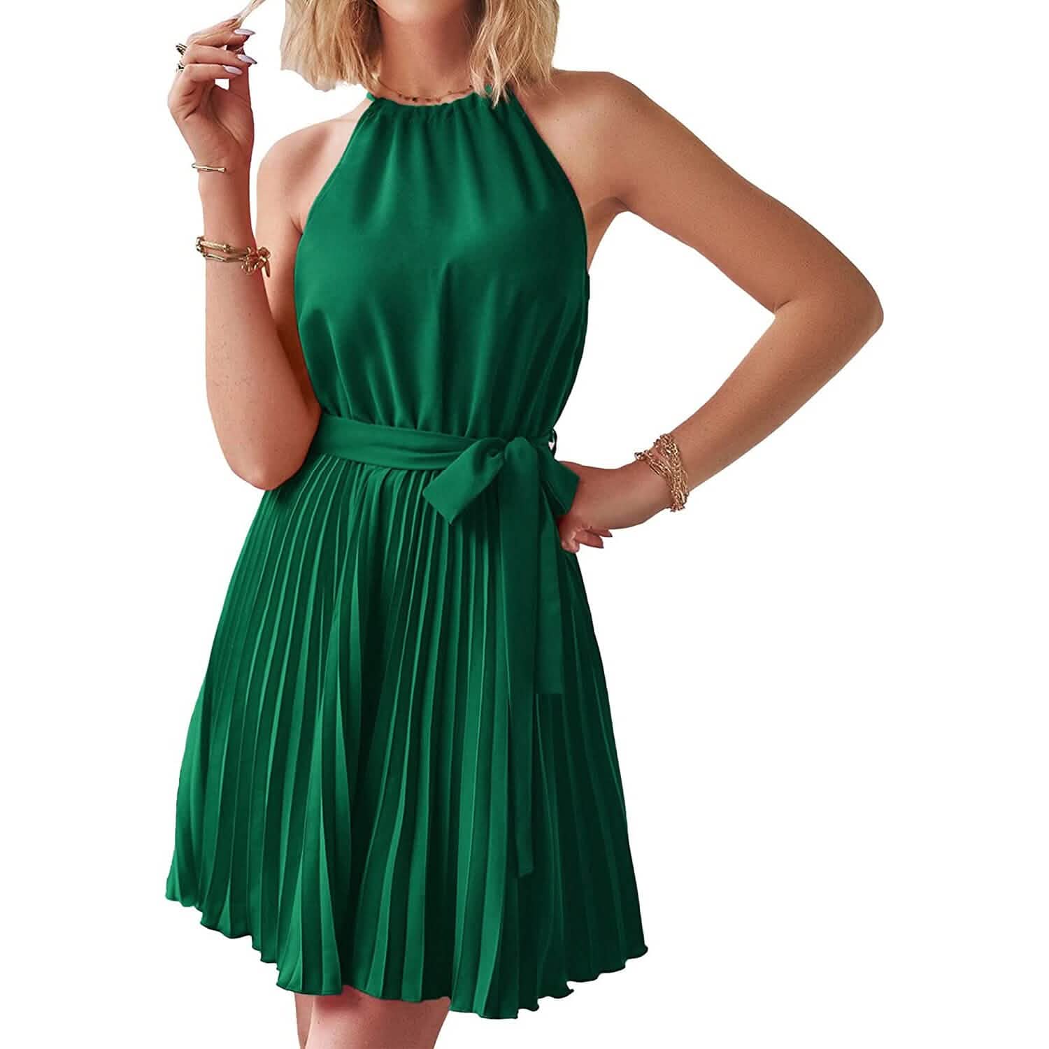 Casual Halter Neck A-Line Dress Sleeveless Belted Swing Pleated Cockta Casual Halter Neck A-Line Dress Sleeveless Belted Swing Pleated Cockta