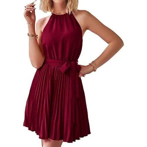 Casual Halter Neck A-Line Dress Sleeveless Belted Swing Pleated Cocktail Party Beach Mini Dresses, Wine Red / S Casual Halter Neck A-Line Dress Sleeveless Belted Swing Pleated Cocktail Party Beach Mini Dresses, Wine Red / S