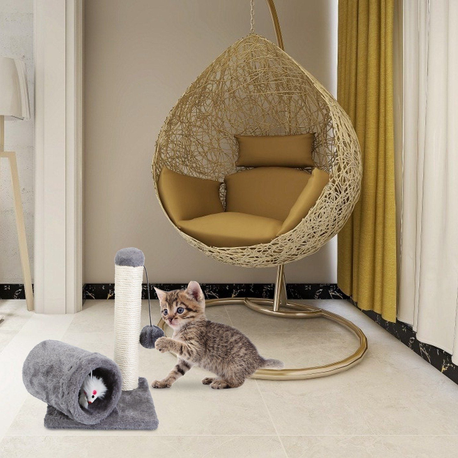 Cat Sisal Scratch Post Toy with Tunnel Pet Supplies - DailySale