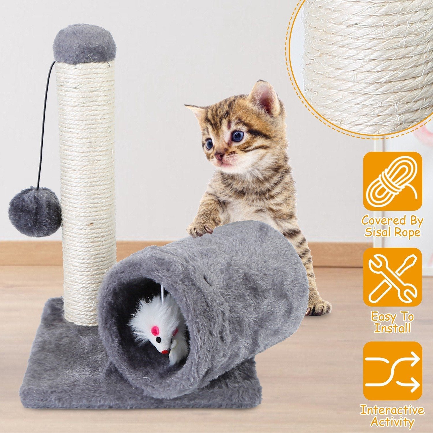 Cat Sisal Scratch Post Toy with Tunnel Pet Supplies - DailySale