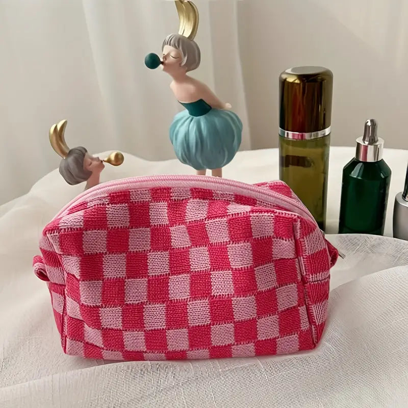Checkered Pattern Zipper Makeup Bag Bags & Travel Pink - DailySale