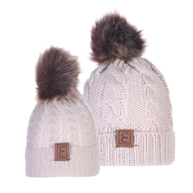 Chic Mom and Me Pom Beanies Women's Apparel Beige - DailySale
