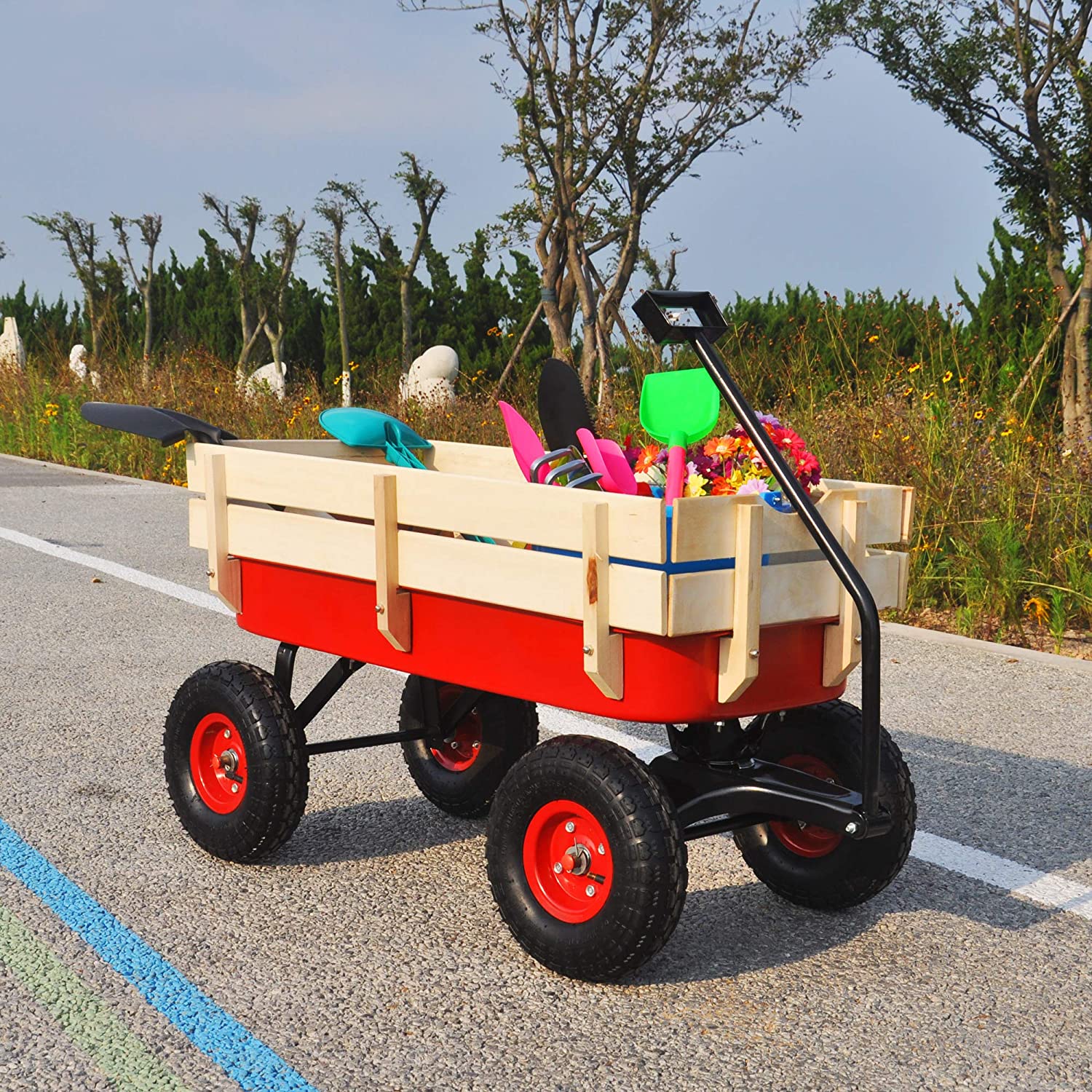 Children Outdoor Wagon All Terrain Pulling with Wood Railing Air Tires Toys & Games - DailySale