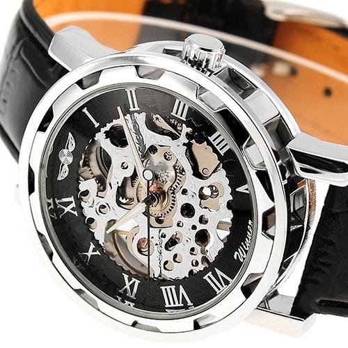 Classic Men's Black Leather Band Skeleton Mechanical Sports Army Wrist Watch Men's Shoes & Accessories Black - DailySale