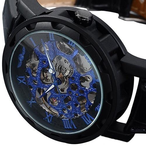 Classic Men's Black Leather Band Skeleton Mechanical Sports Army Wrist Watch Men's Shoes & Accessories Black/Blue - DailySale
