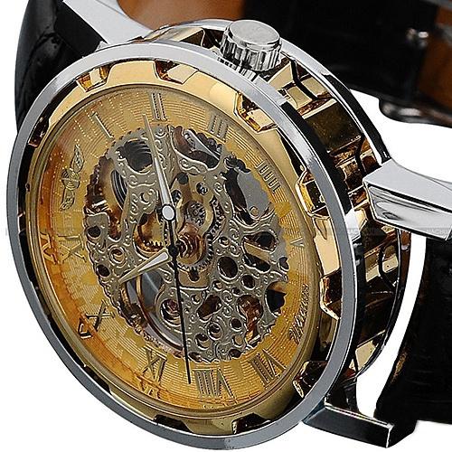 Classic Men's Black Leather Band Skeleton Mechanical Sports Army Wrist Watch Men's Shoes & Accessories Gold - DailySale