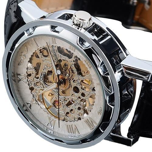 Classic Men's Black Leather Band Skeleton Mechanical Sports Army Wrist Watch Men's Shoes & Accessories White - DailySale
