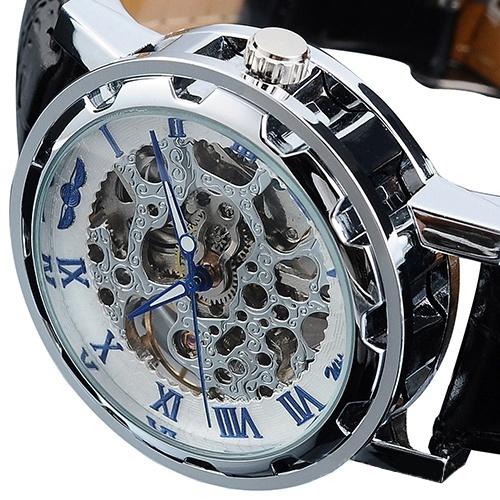 Classic Men's Black Leather Band Skeleton Mechanical Sports Army Wrist Watch Men's Shoes & Accessories White/Blue - DailySale