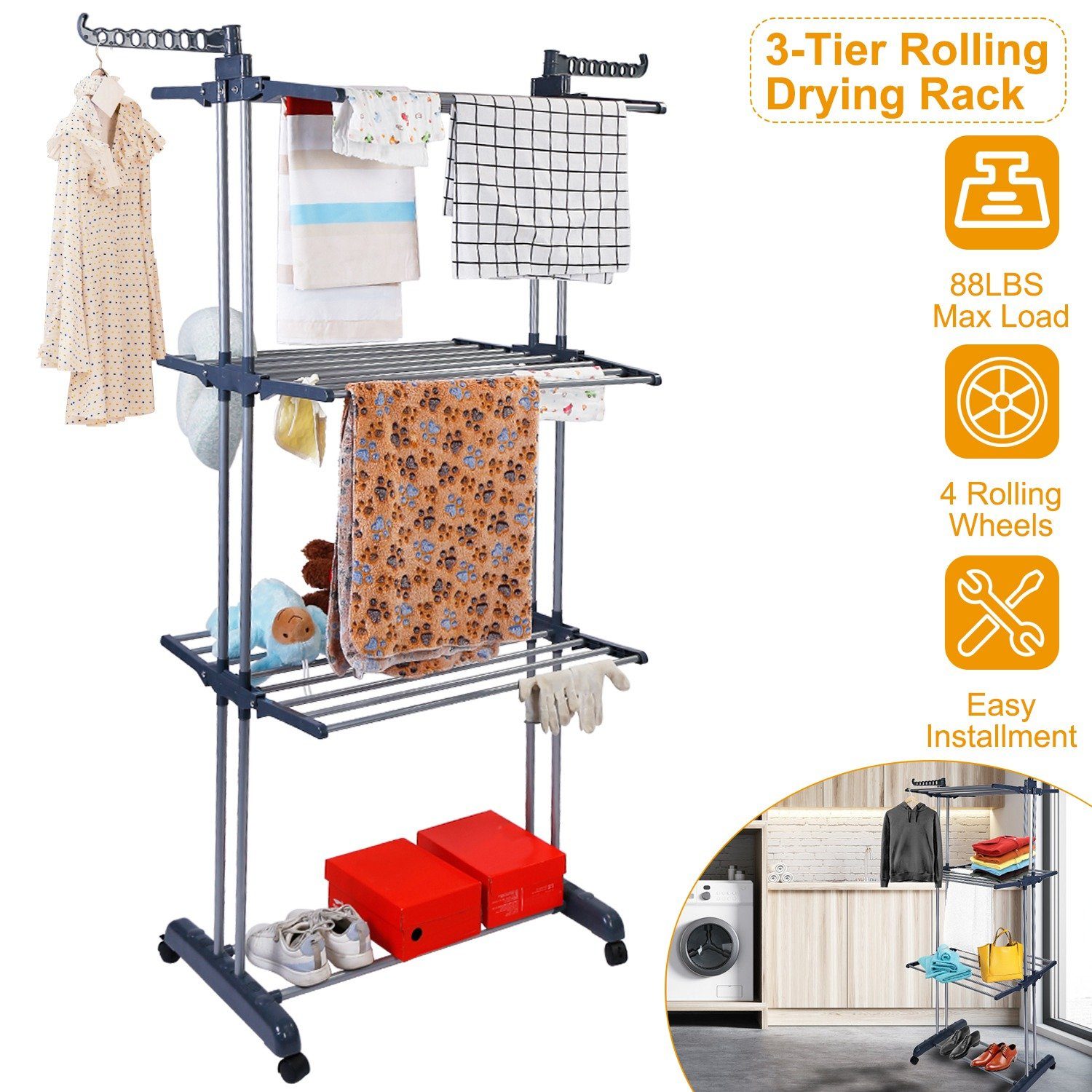 3 Tier Folding Clothes Drying Rack Stainless Steel Laundry Stand