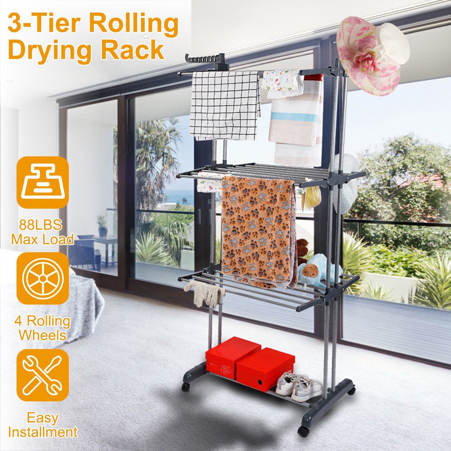 Clothes Drying Rack Rolling Collapsible Laundry Dryer Hanger Stand Rail Closet & Storage - DailySale