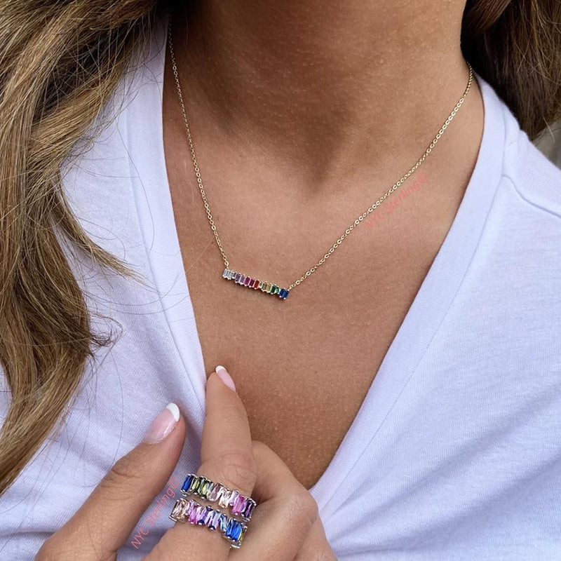 Clustered Rainbow Baguette Bar Necklace Necklaces - DailySale