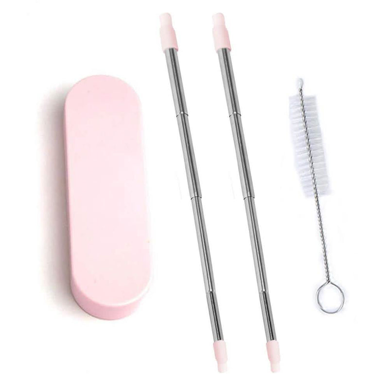 2 Collapsable Telescopic Reusable Drinkable Straw in peach next to its case and cleaning brush over a white backgound