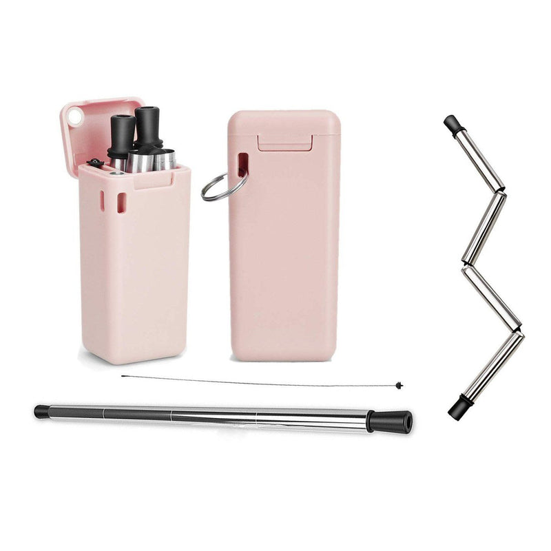 Collapsible, Portable, And Reusable Stainless Steel Drinking Straw With Case Kitchen & Dining Pink - DailySale