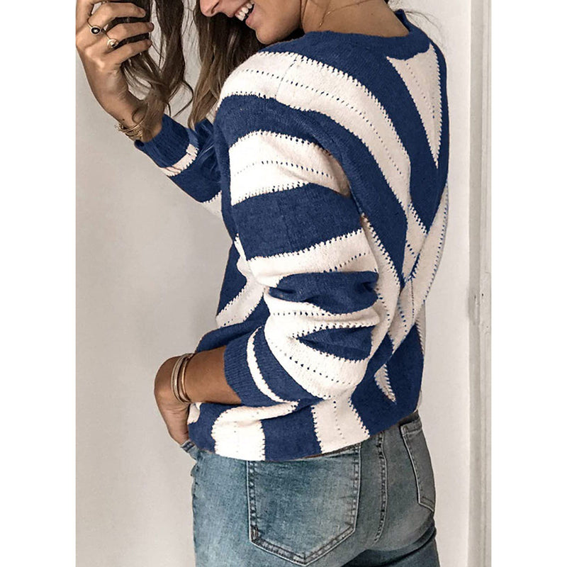 Color Block Striped V Neck Sweater for Women Long Sleeve Knit Pullover Jumper Tops
