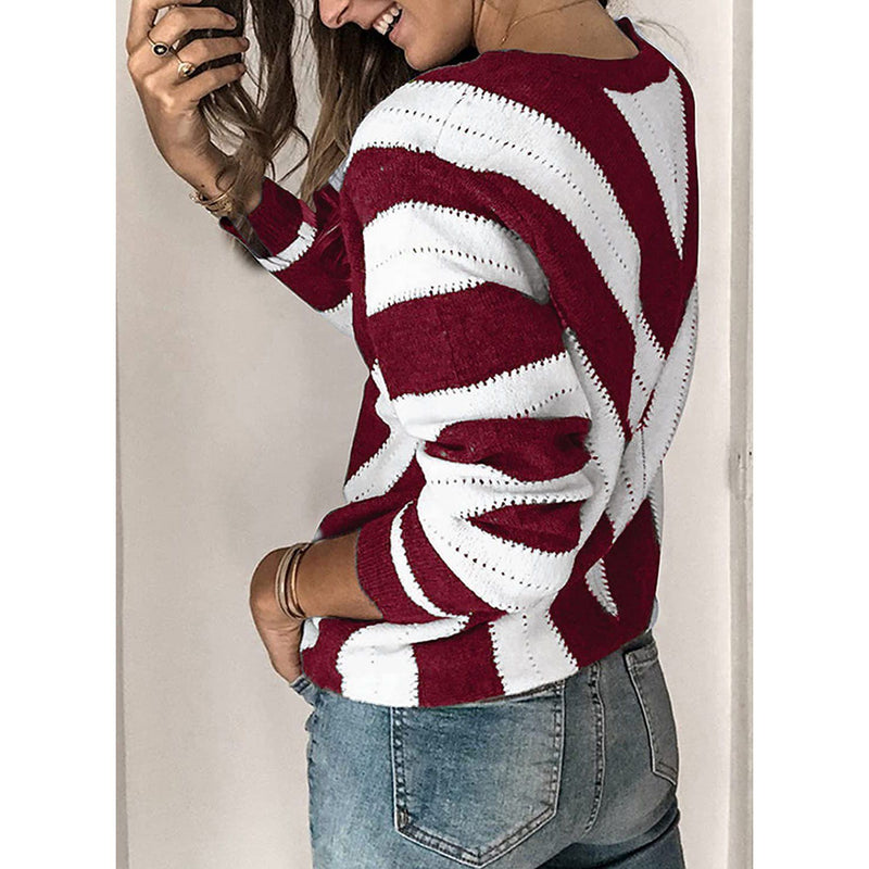Color Block Striped V Neck Sweater for Women Long Sleeve Knit Pullover Jumper Tops