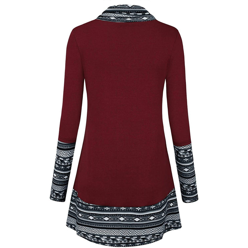 Cowl Neck Long Sleeve Patchwork Top