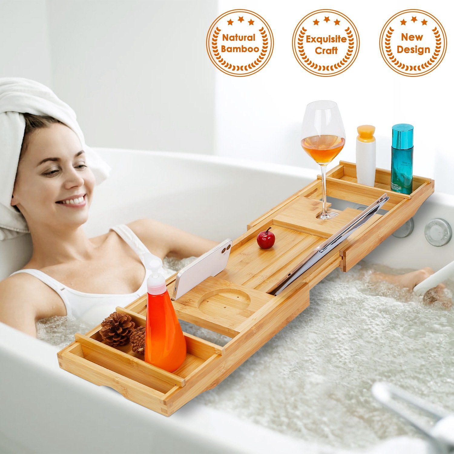 Crafted Bamboo Bath Tray Table Extendable Reading Rack Bath - DailySale