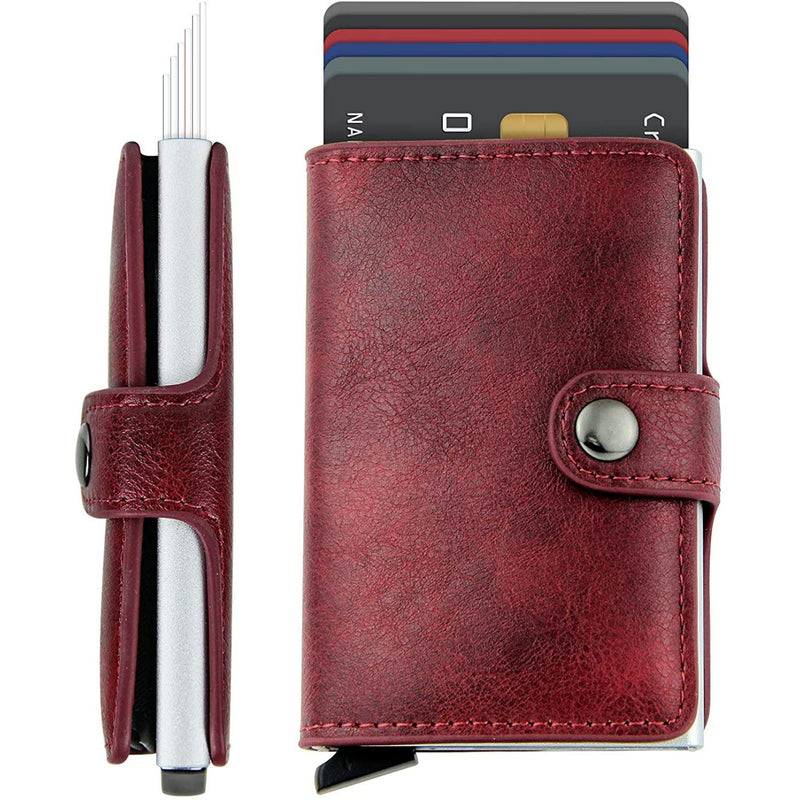 Credit Card Holder RFID Blocking Genuine Leather Vintage Aluminum Business Wallet Bags & Travel Burgundy - DailySale