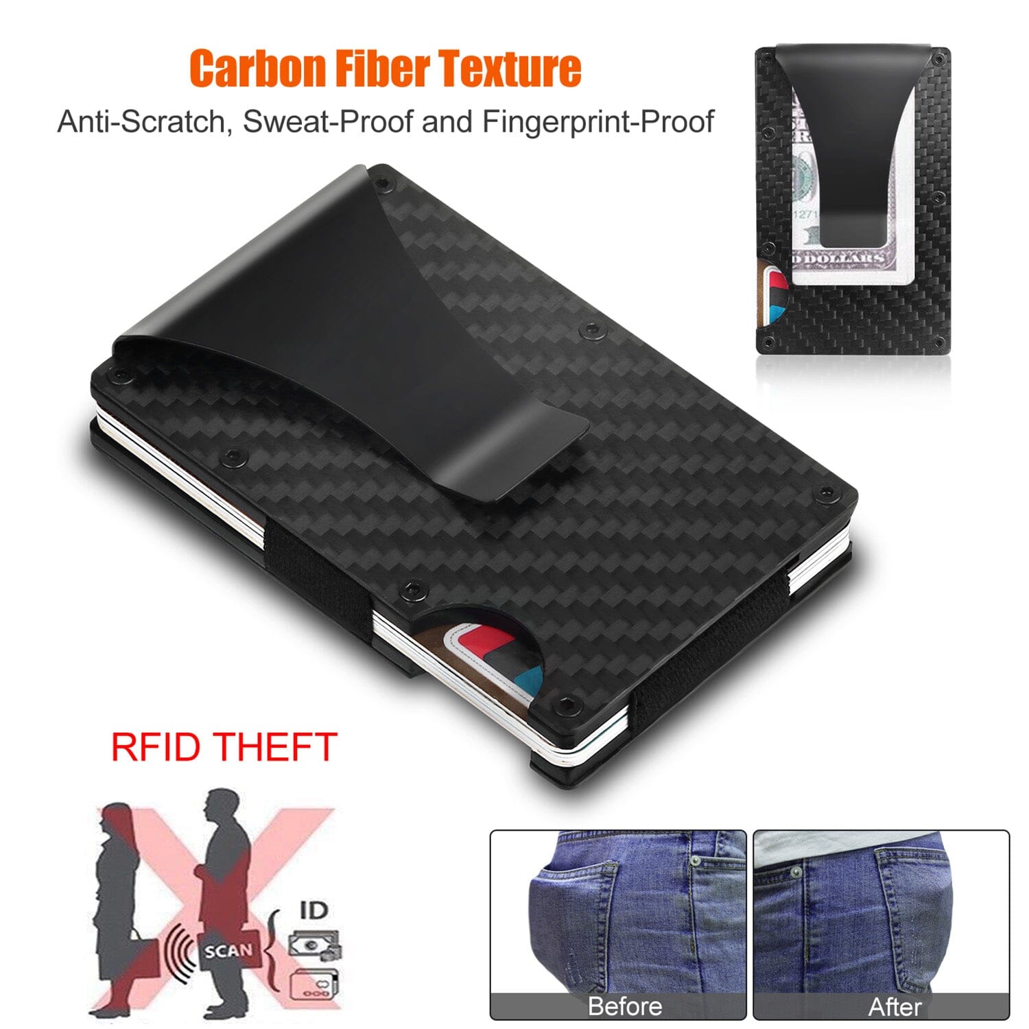 Credit Card Holder with Cash Clip Carbon Fiber RFID Blocking Scan for Men Men's Shoes & Accessories - DailySale