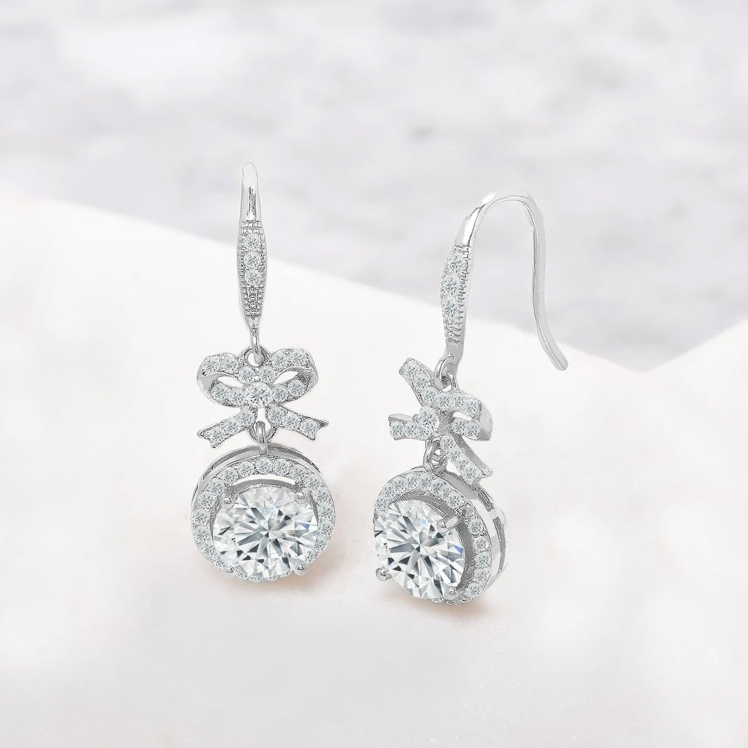 Crystal Bow and Halo Drop Earrings in 18K White Gold Earrings - DailySale