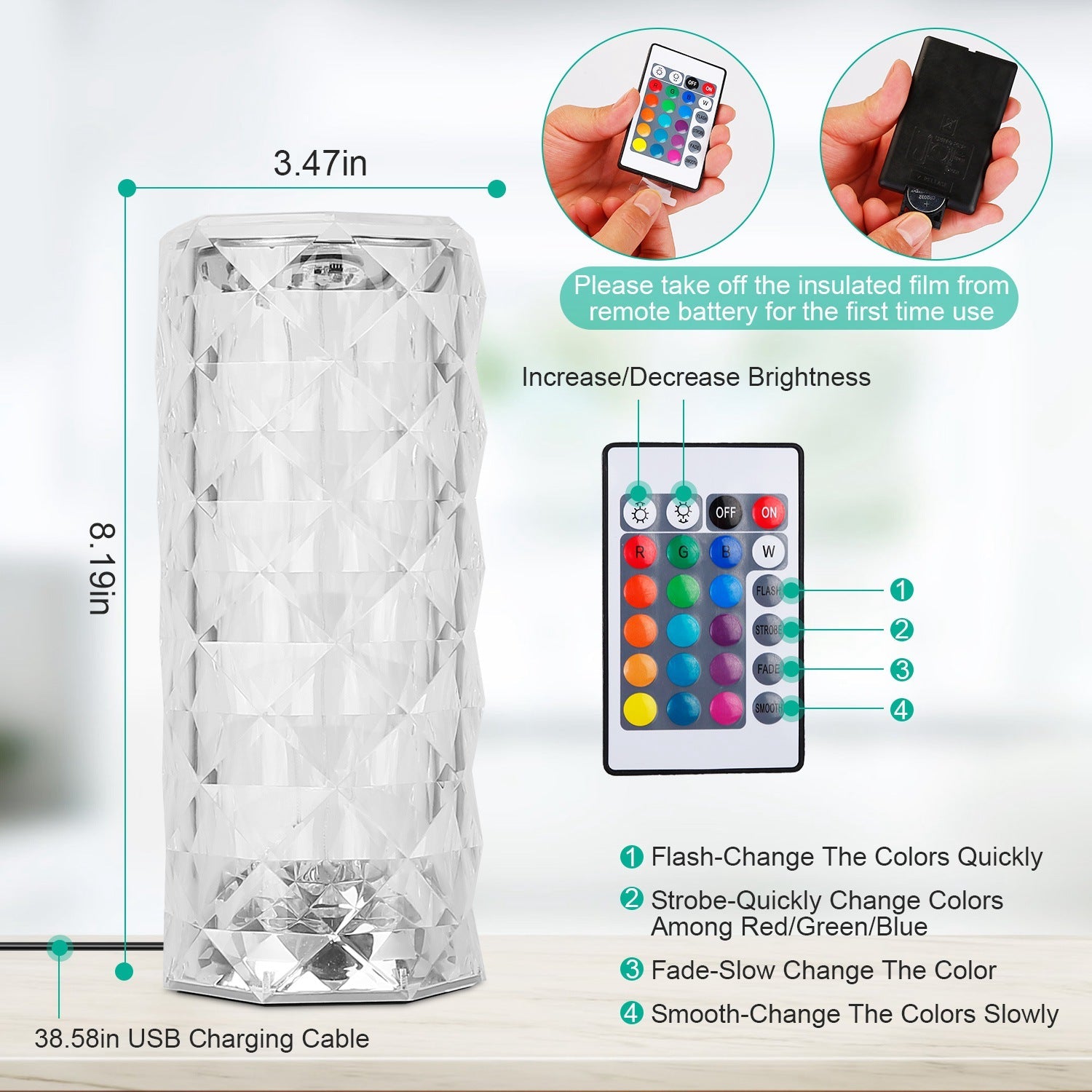 Dimensions of Crystal Diamond Rose Table Lamp 