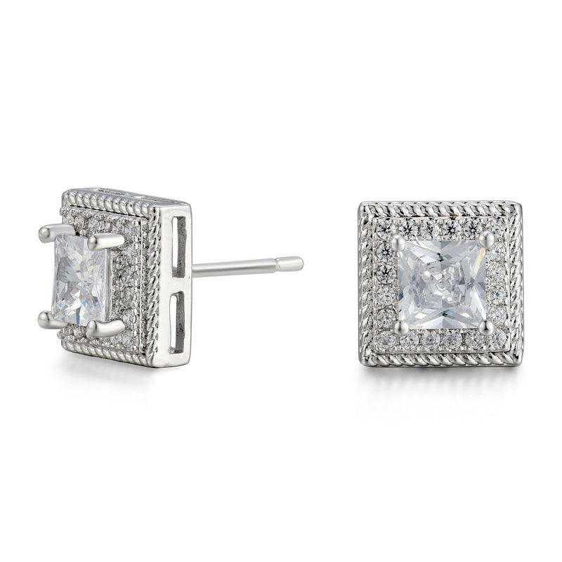 Cubic Zirconia Princess Cable Halo Stud Earrings