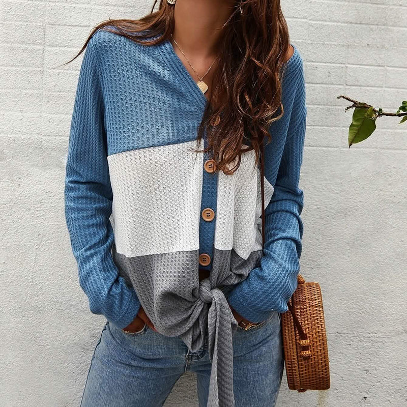 Cut And Sew Panel Knot Hem Waffle Knit Tee Women's Tops - DailySale