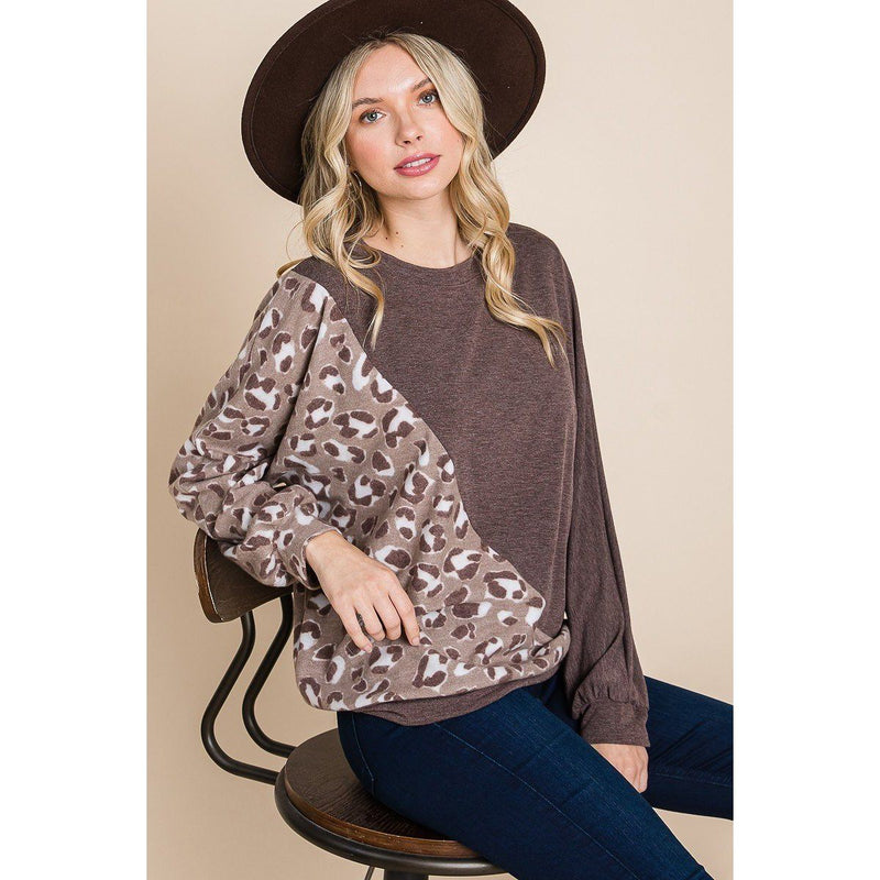 Cute Animal French Terry Brush Contrast Print Pullover with Cuff Detail Women's Tops - DailySale