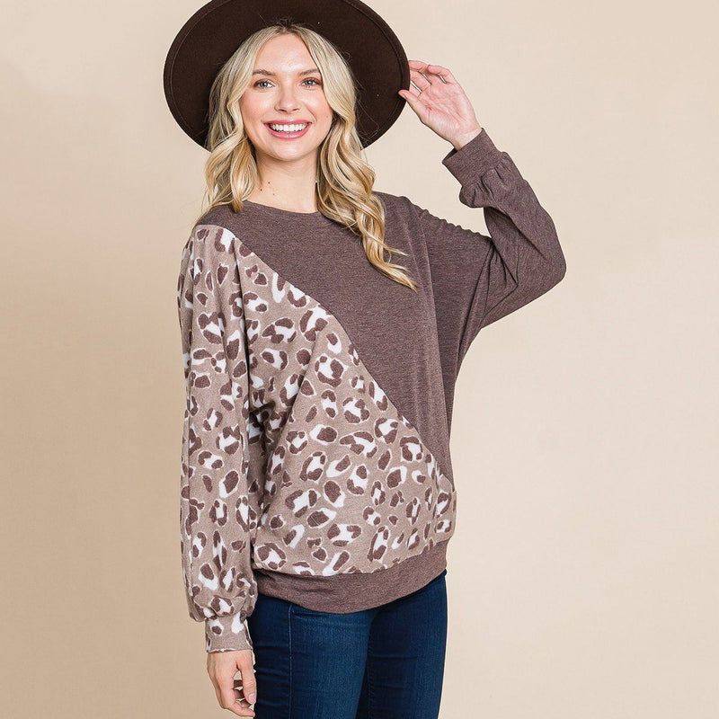 Cute Animal French Terry Brush Contrast Print Pullover with Cuff Detail Women's Tops S - DailySale