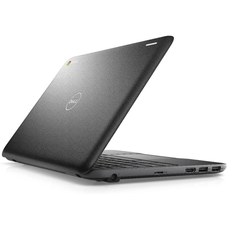 Angled left back view of Dell Chromebook 11 3180 83C80 11.6-Inch Traditional Laptop (Refurbished) with a white background